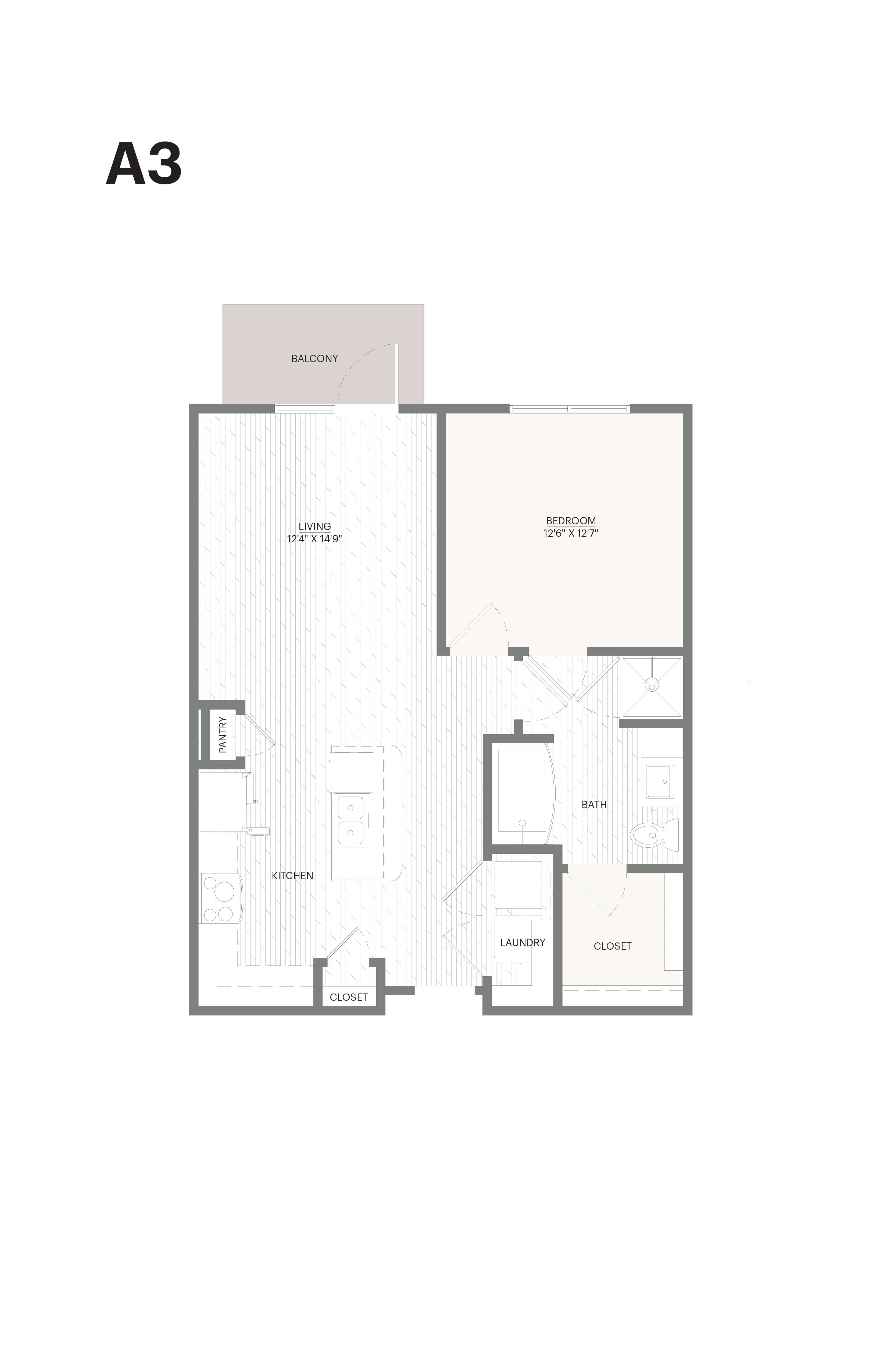 Floor plan for 1 bed, 1 bath, 748 sqft